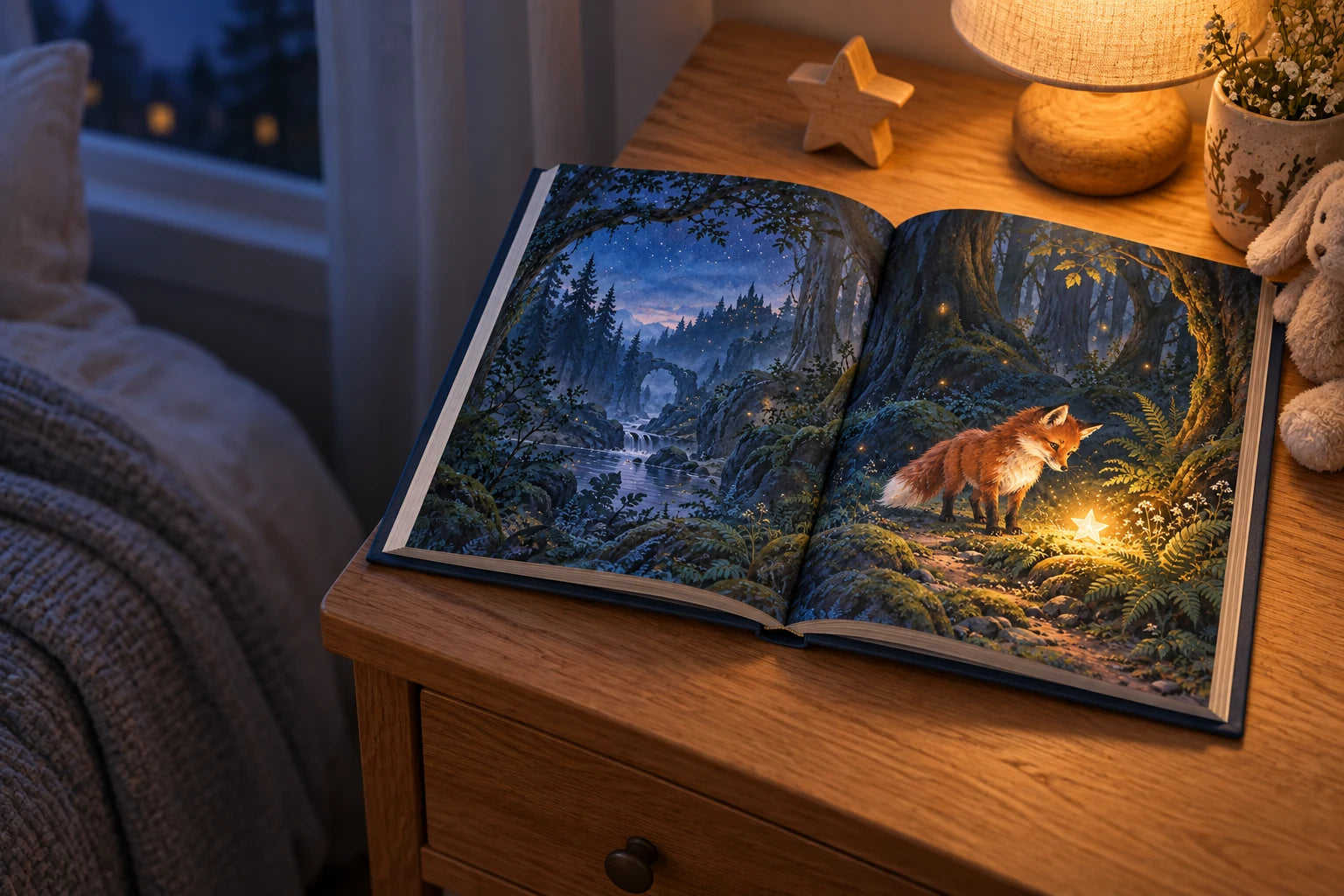 Ein aufgeschlagenes Bilderbuch mit einer Waldillustration auf einem Nachttisch
